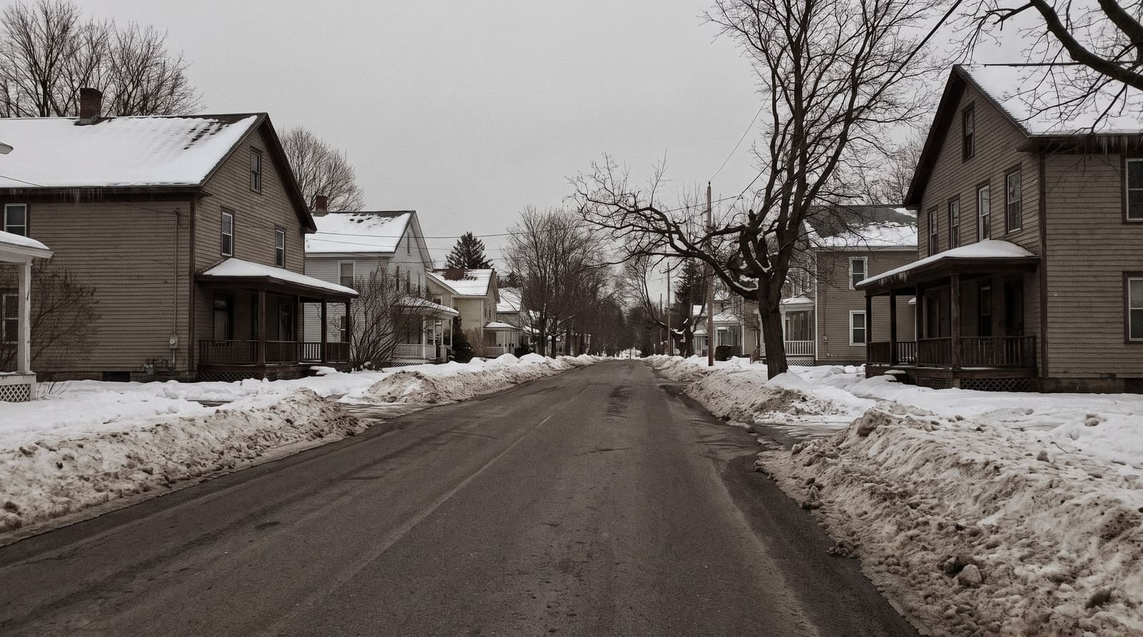 An empty residential street in winter: a plowed road between high snowbanks, older two-story frame houses with snow on their roofs, bare trees, and a flat overcast sky.