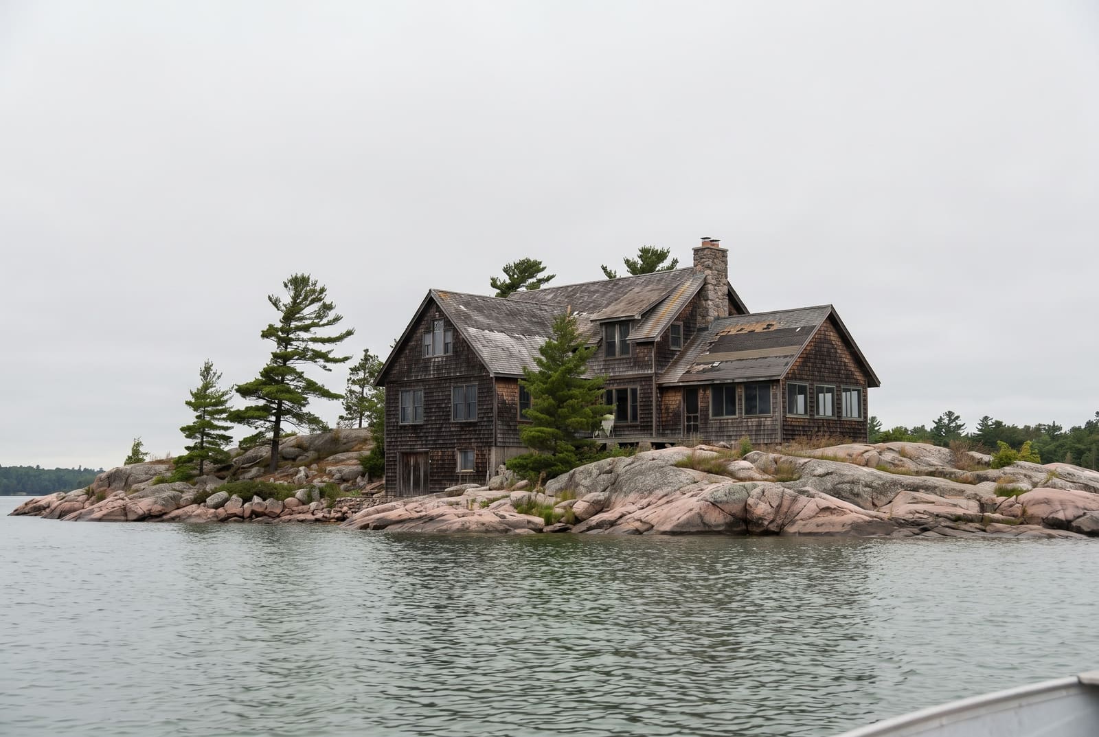 A large shingled house alone on a small rocky island, seen from the water on a grey day.