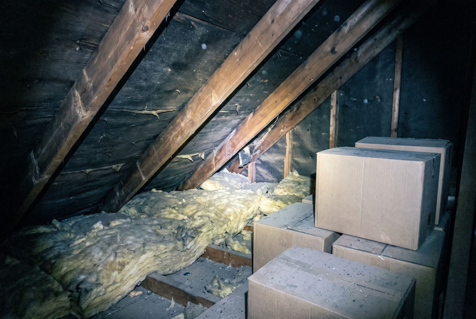 An unfinished attic lit by a flashlight: bare rafters, thin and uneven insulation between the joists, and stored boxes.