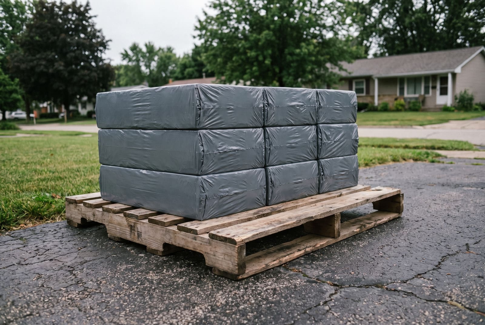 Wrapped bundles of roofing material stacked on a wooden pallet at the end of a residential driveway.